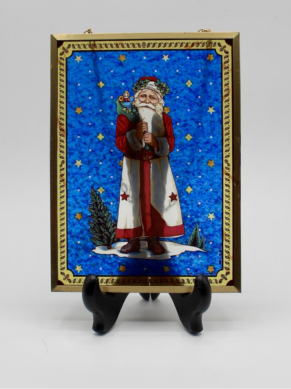 Vintage Hanging Stained Glass Panel Christmas Santa Stained Glass Art